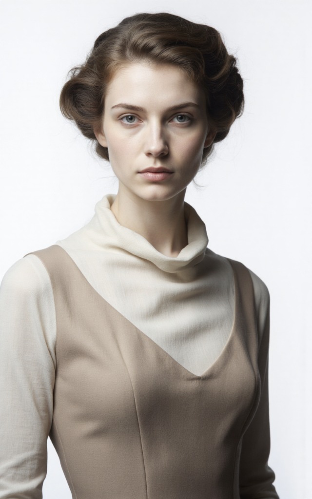 A French female model wearing a dress with a Cowl   neck collar, white background, front   facing bust portrait